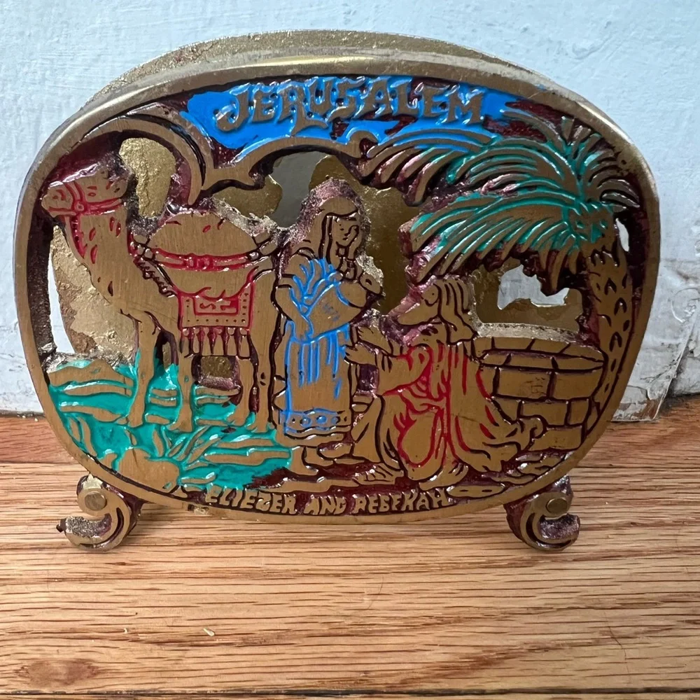 Vintage Brass Jerusalem Biblical Souvenir Napkin Holder